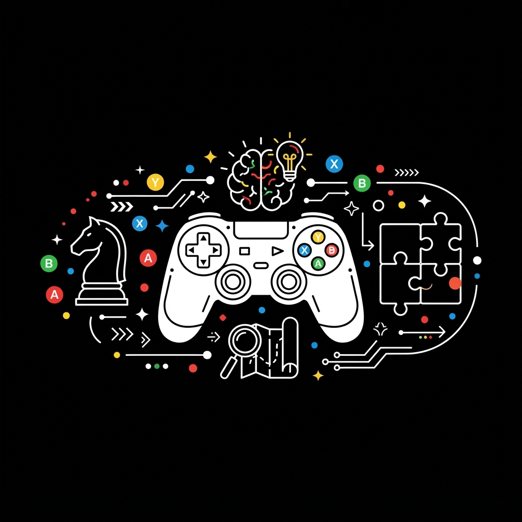 Ilustração com peça de xadrez, quebra-cabeças e labirinto representando jogos de inteligência